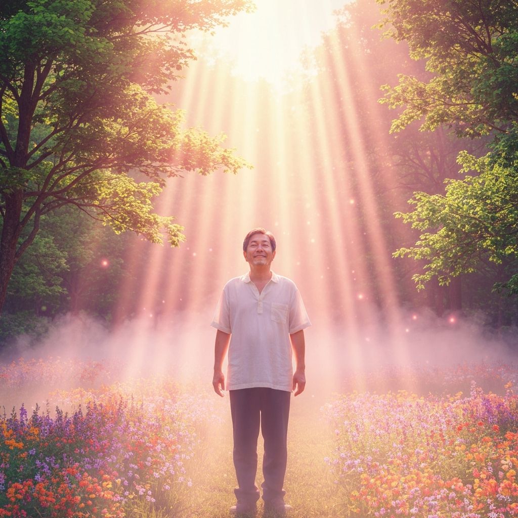 A person bathed in divine golden light during a spiritual awakening