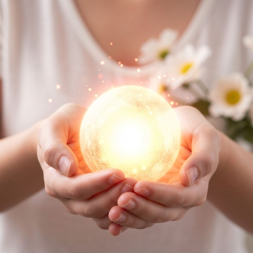 Sacred hands holding divine light in reverence