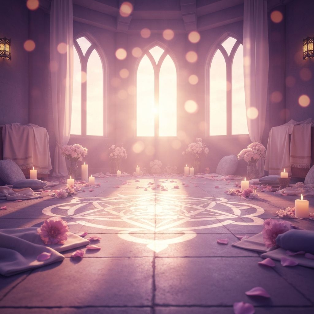 Ethereal temple sanctuary bathed in golden light